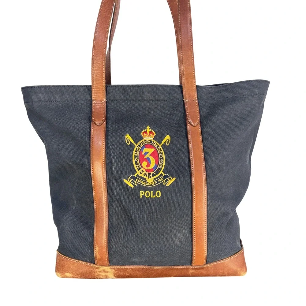 Vintage Polo Ralph Lauren Tote Bag Navy Canvas Leather Crest Heritage Preppy 90s